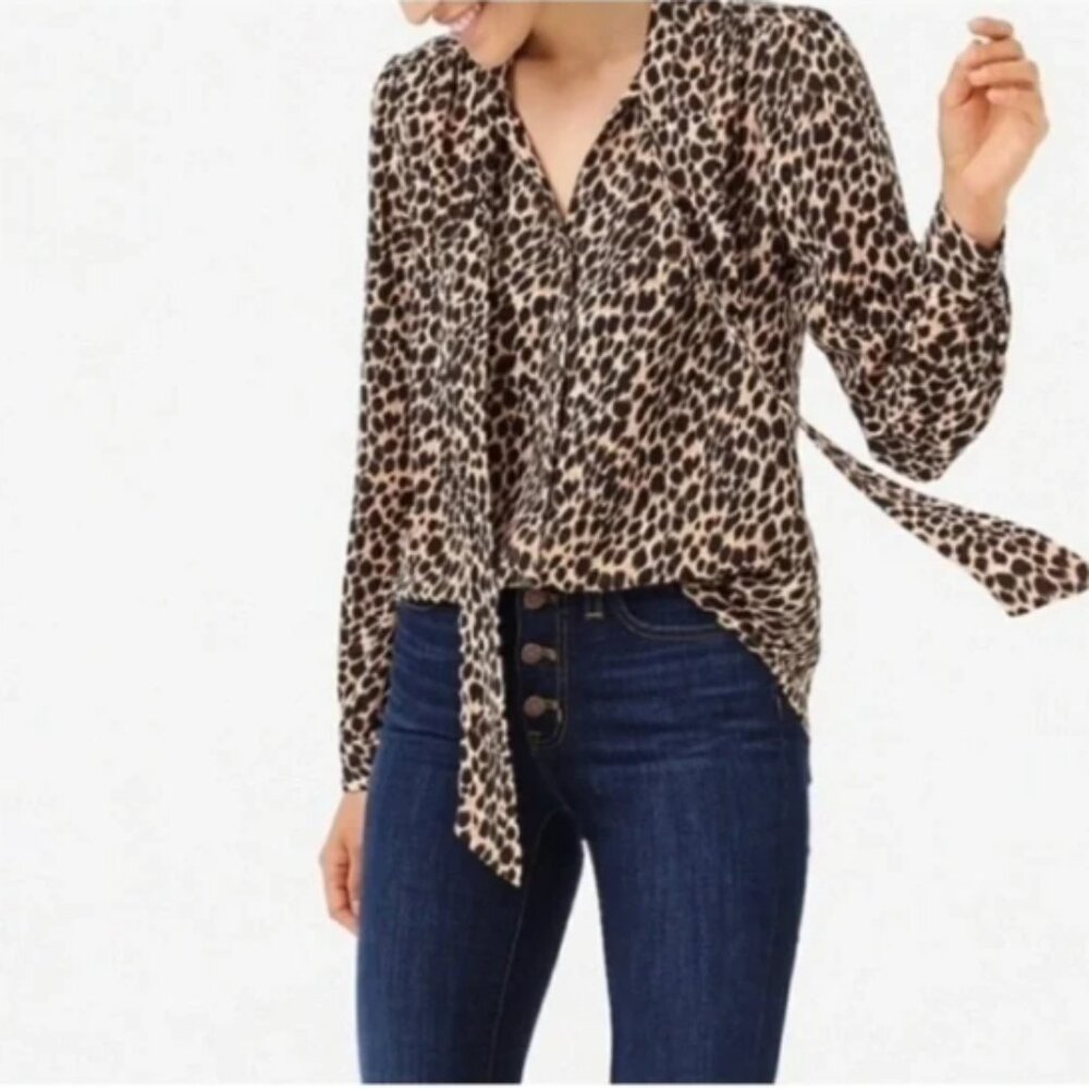 J.Crew Silk Leopard print Blouse w/tie neck & long sleeves (size small)